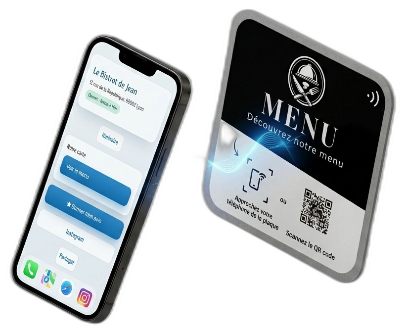 Plaque connectée et page de l'établissement sur smartphone